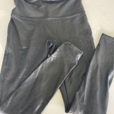 Black Spanx Leggings Stretchy Control Top Sparkly/faux Leather Size Large